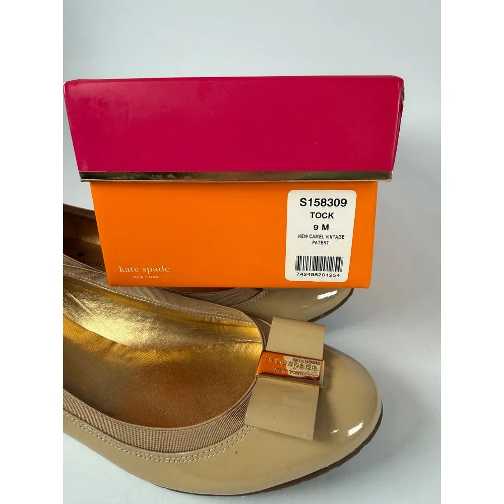 Kate Spade Tock Ballet Flats New‎ Camel Vintage Patent Leather Bow Shoes 9M